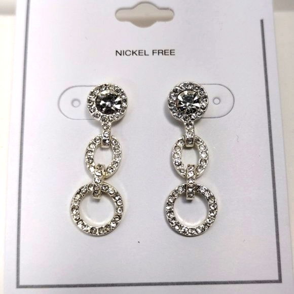 Women's Textured Silver-tone Sparkling Crystal Double Hoops Drop Dangle Earrings - Picture 3 of 6